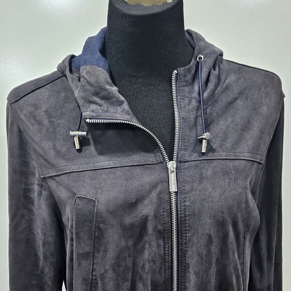Michael Kors Black Suede Leather Lagenlook Grunge Full Zip Hooded Jacket Medium - Picture 4 of 14